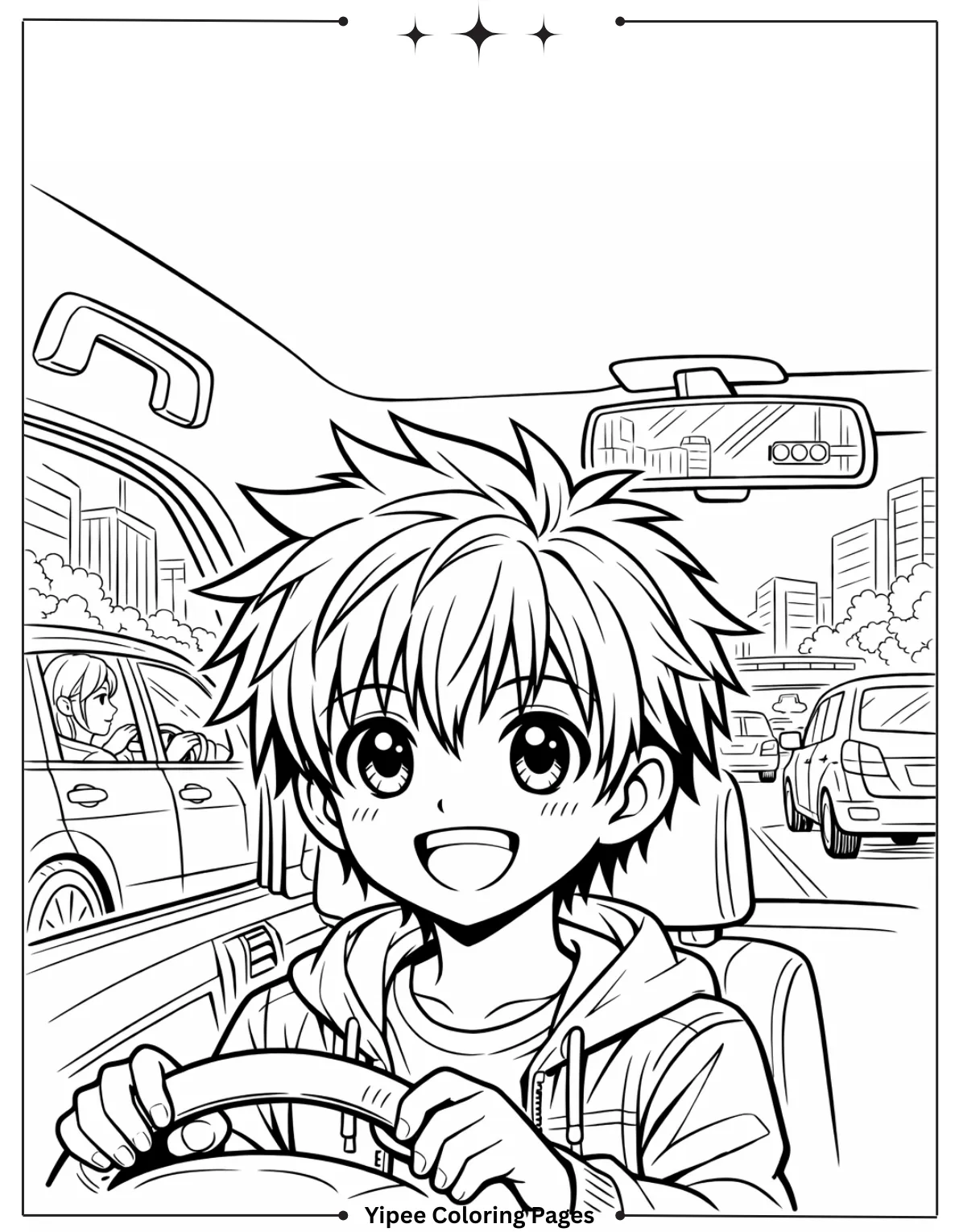 Anime boy driving a car in city traffic