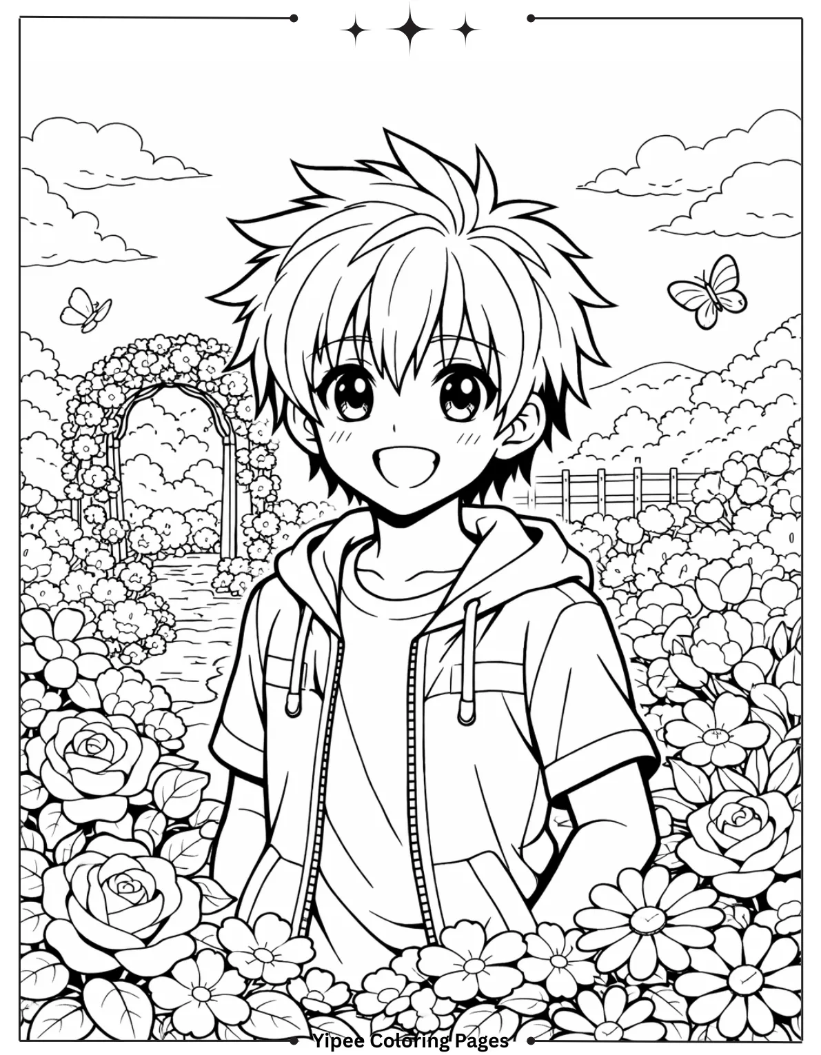 Anime character standing in a flower garden