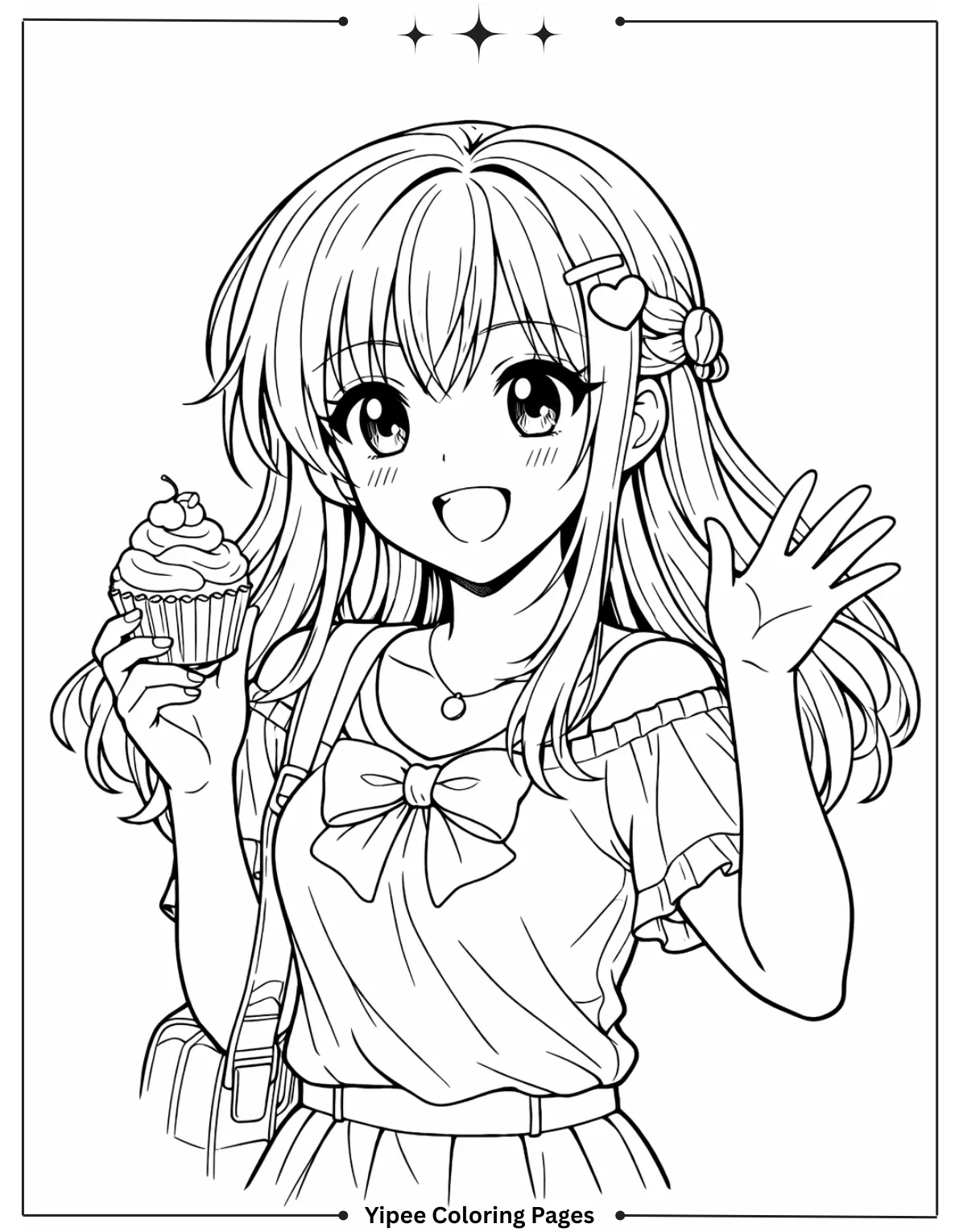 Anime girl holding cupcake and waving