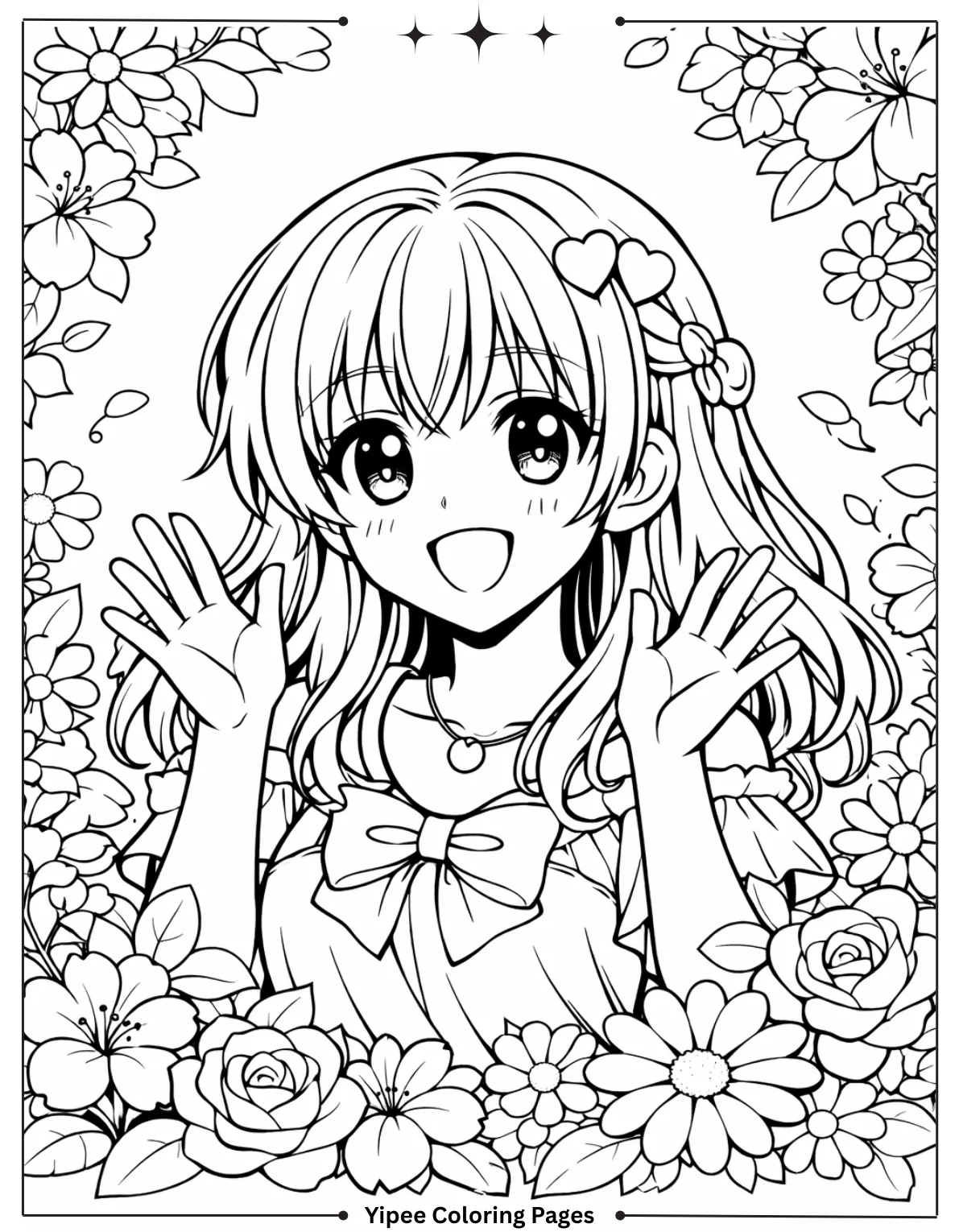 Anime girl standing in a flower garden