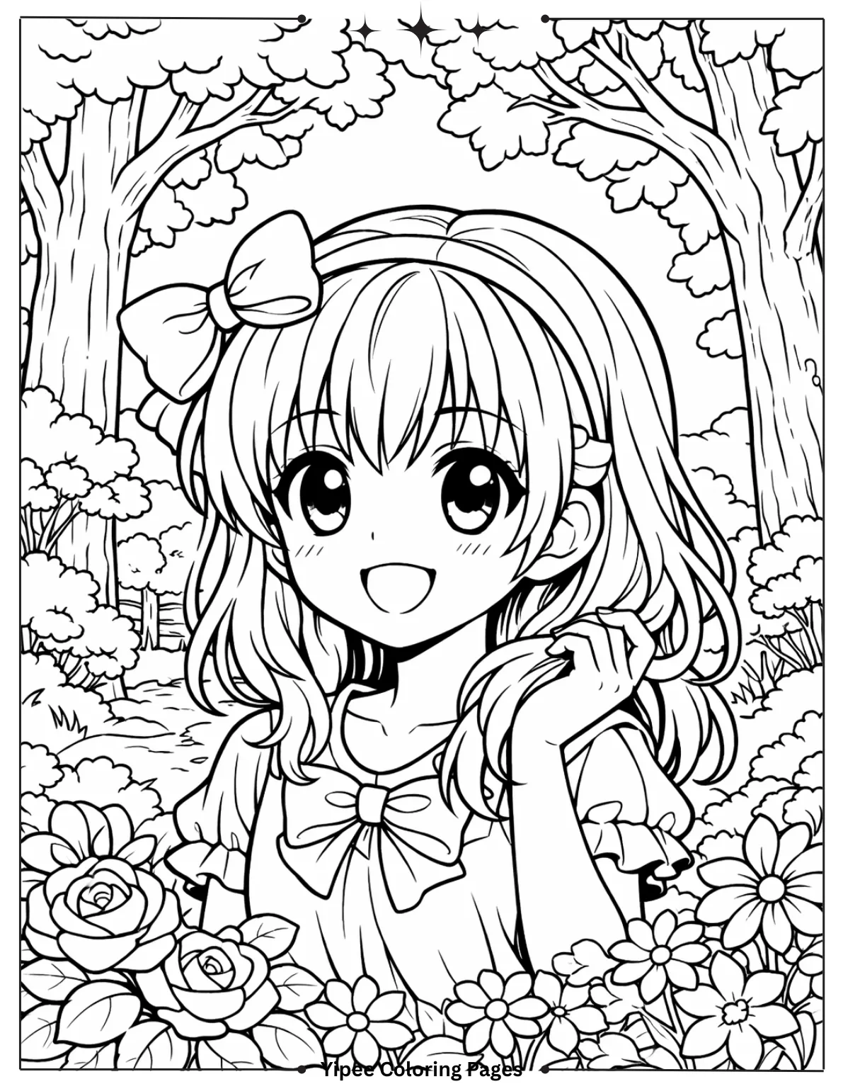 Anime girl surrounded by trees sheet to color