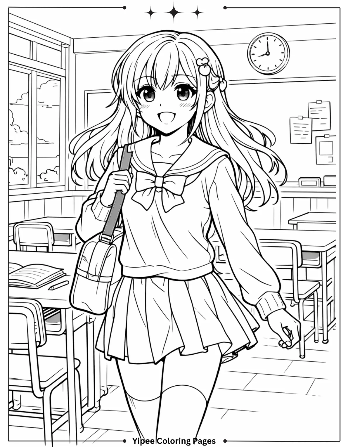 Anime girl walking in a classroom coloring page