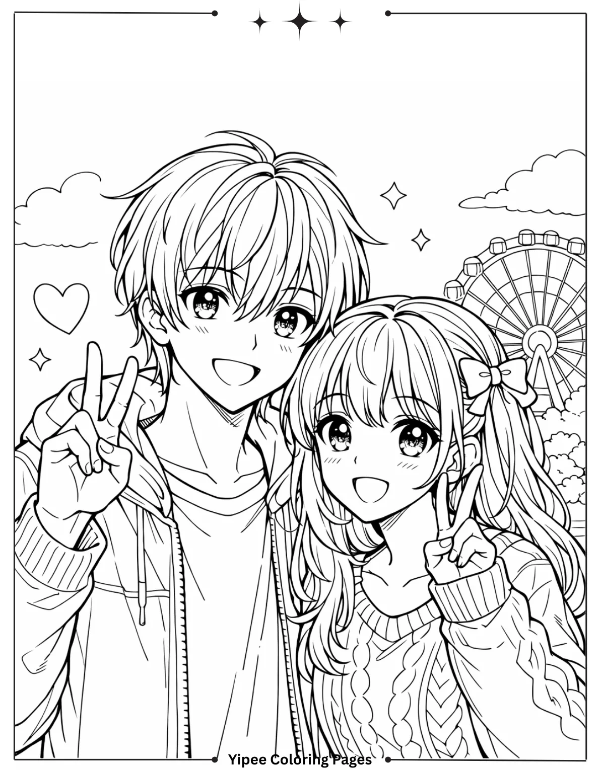 Cute couple posing for picture anime coloring page