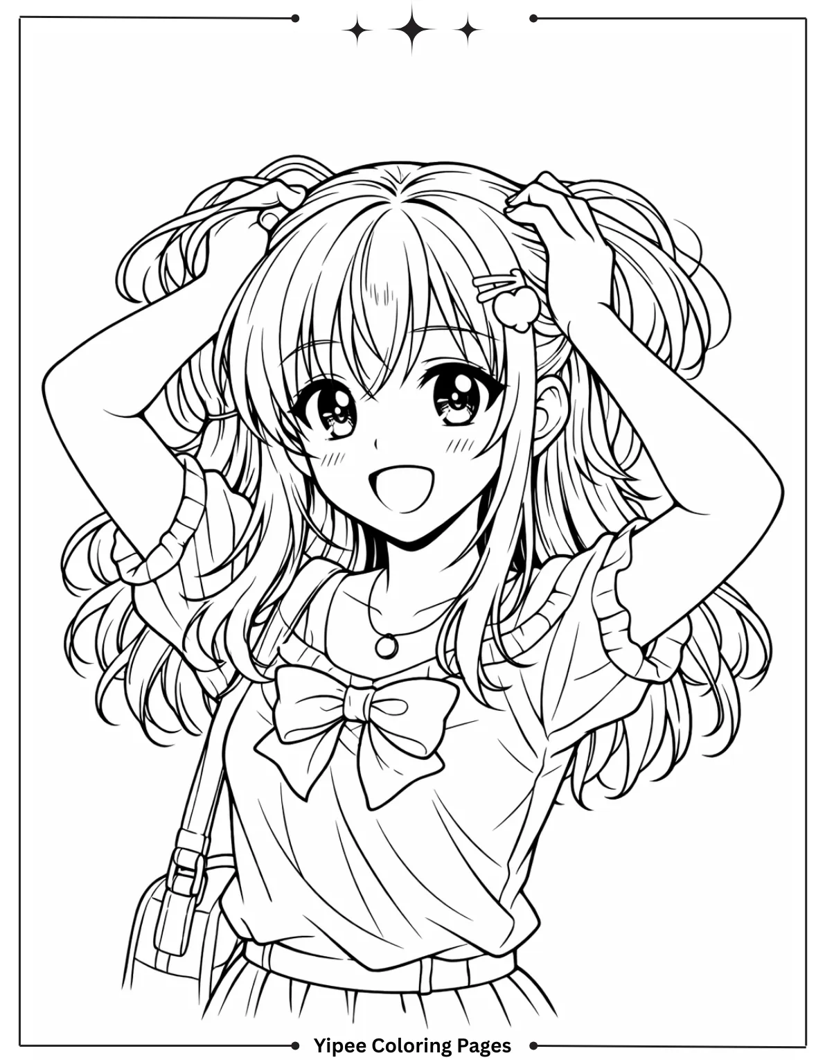 Girl grabbing her hair anime coloring page