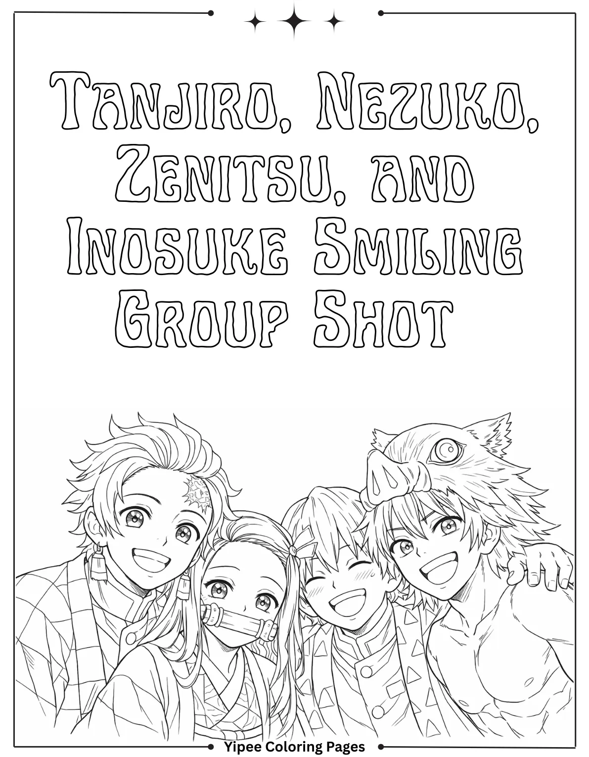 Tanjiro, Nezuko, Zenitsu, and Inosuke Smiling Group Shot