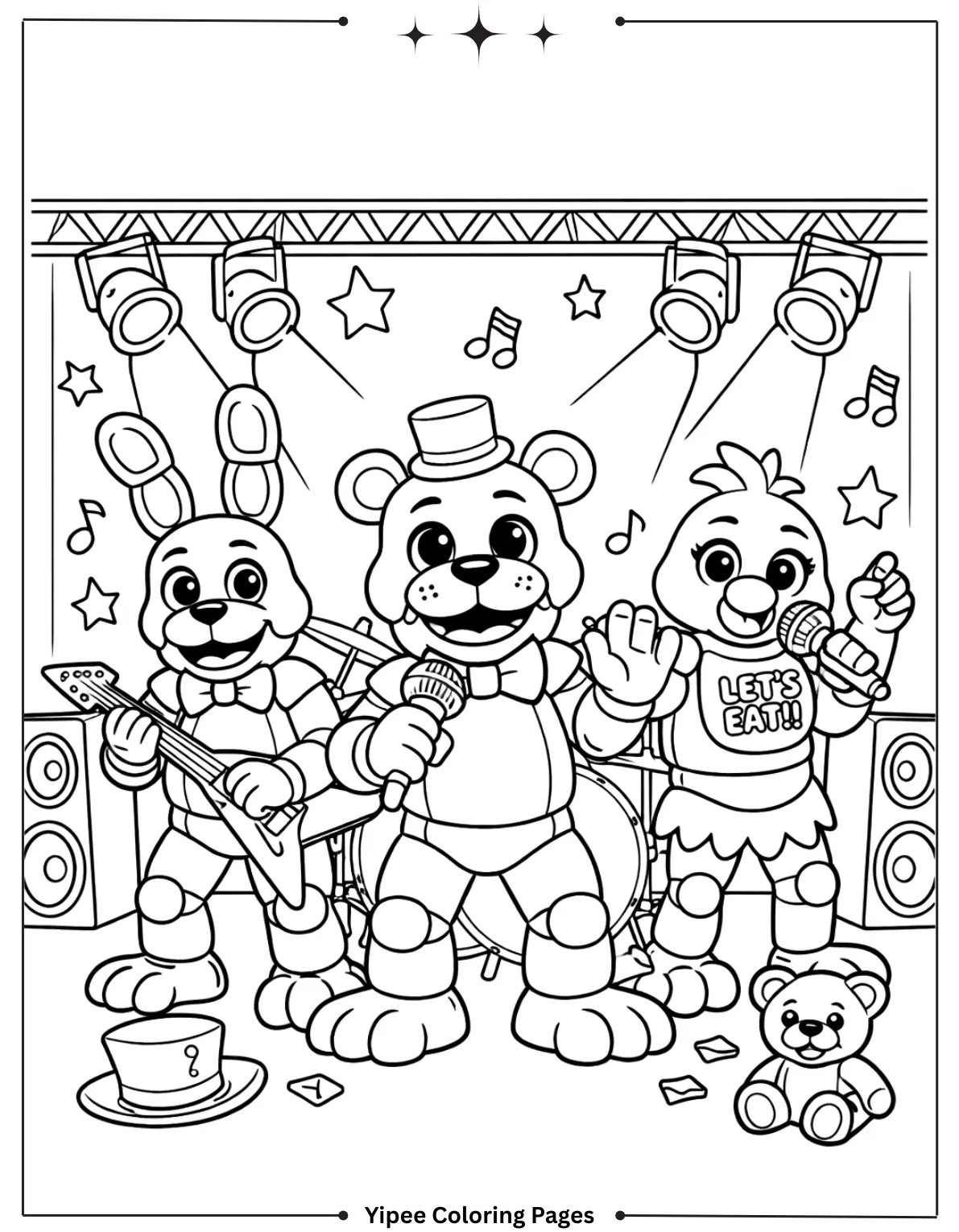 Amazing FNAF Coloring Pages for Creepy Fun Bonnie, Fazbear, And Chia In Band Coloring Sheet For Kids