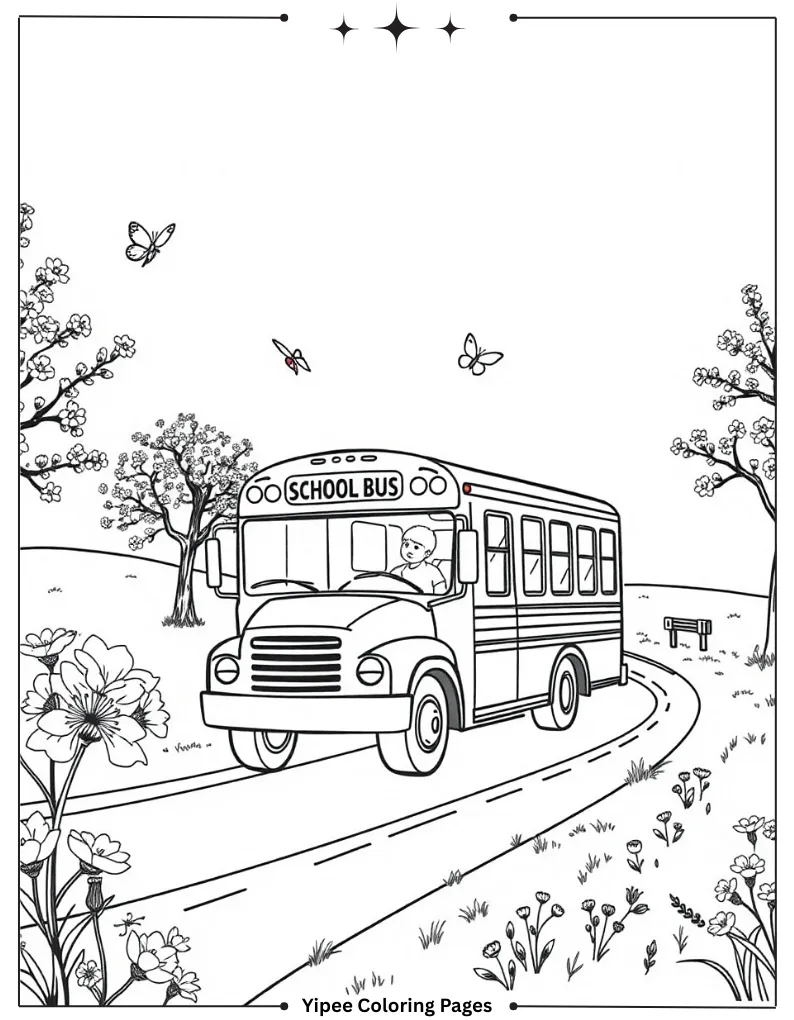 Spring Coloring Pages You'll Love to Print Free Bus in the Spring Season Coloring Page