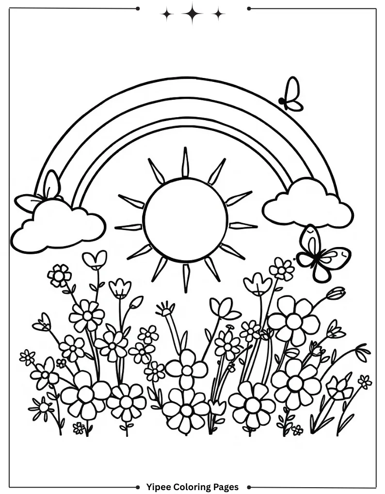 Spring Coloring Pages You'll Love to Print Free Cute Spring Doodle Coloring Page with Rainbows and Sun