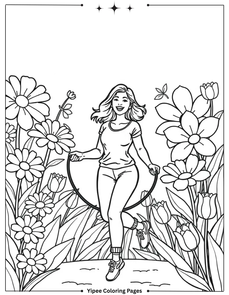 Spring Coloring Pages You'll Love to Print Free Girl Jumping Rope in Flower Garden Coloring Page for Kids(2)