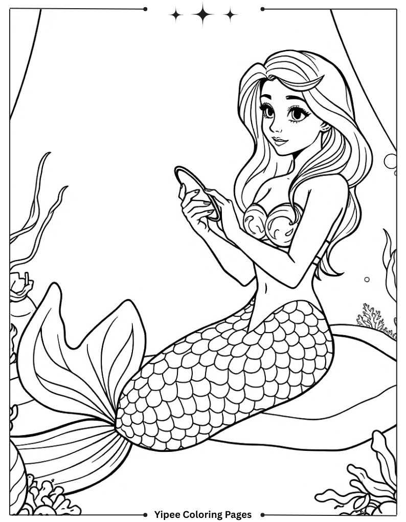 Stunning Mermaid Coloring Pages Bursting With Magic Mermaid Puts on Makeup in Underwater Bedroom Coloring Sheet