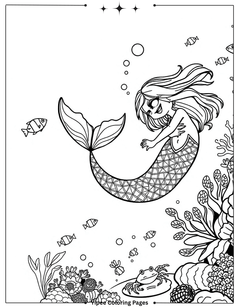 Stunning Mermaid Coloring Pages Bursting With Magic Mermaid with Tropical Fish and Crab in Coral Reef Coloring Sheet
