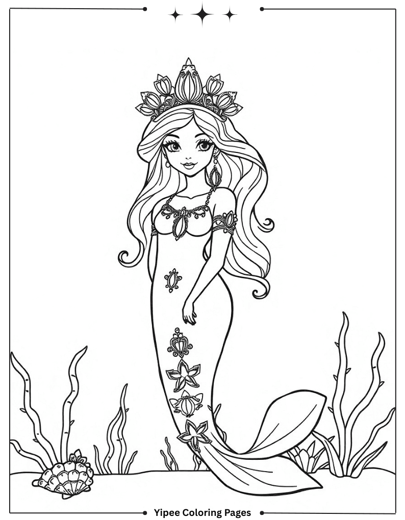 Stunning Mermaid Coloring Pages Bursting With Magic Princess Mermaid with Jewels Coloring Page for Kids