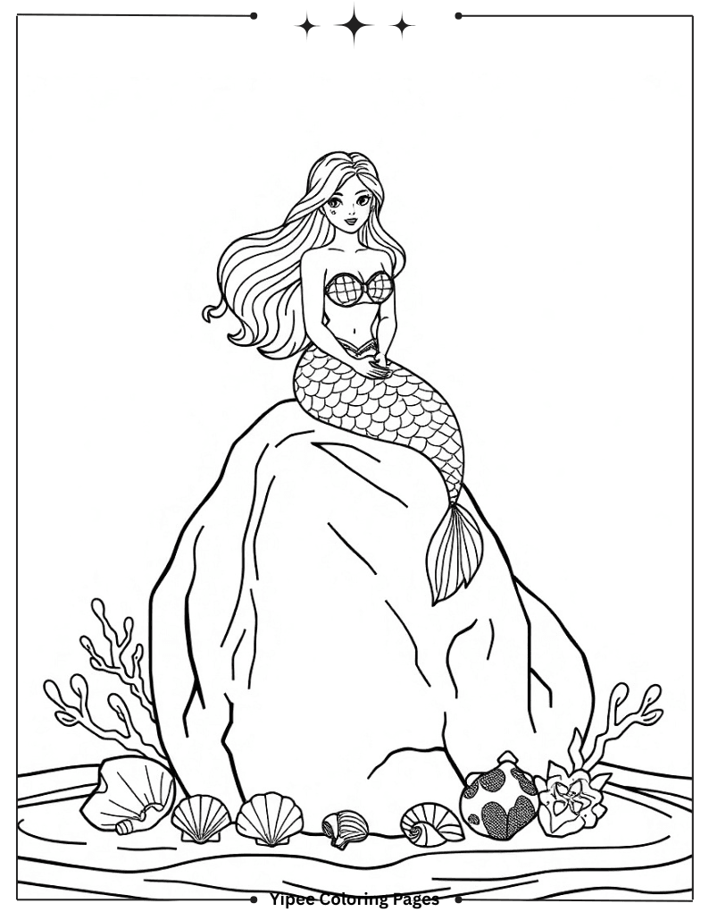 Stunning Mermaid Coloring Pages Bursting With Magic Sitting Mermaid on a Rock